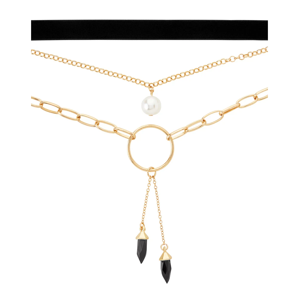 3 Row Pearl-Effect Chain and Choker Necklace