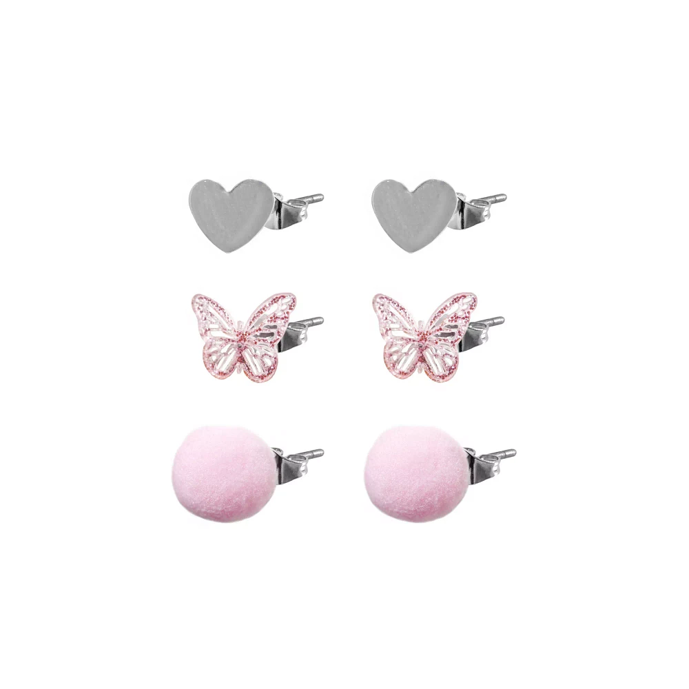 Multi-Pack Fuzzy Pink Heart and Butterfly Earrings - 3 Pair