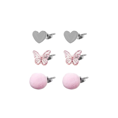 Multi-Pack Fuzzy Pink Heart and Butterfly Earrings - 3 Pair