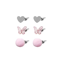 Multi-Pack Fuzzy Pink Heart and Butterfly Earrings - 3 Pair
