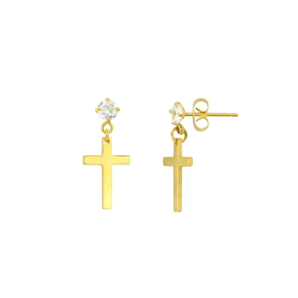 CZ Cross Goldtone Dangle Stud Earrings