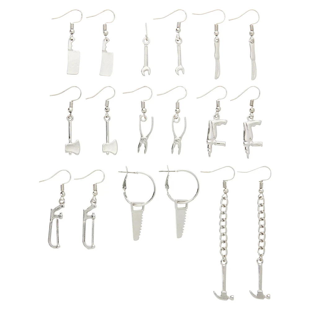 Multi-Pack Silvertone Knife Axe Hammer Weapon Dangle Earrings - 9 Pair