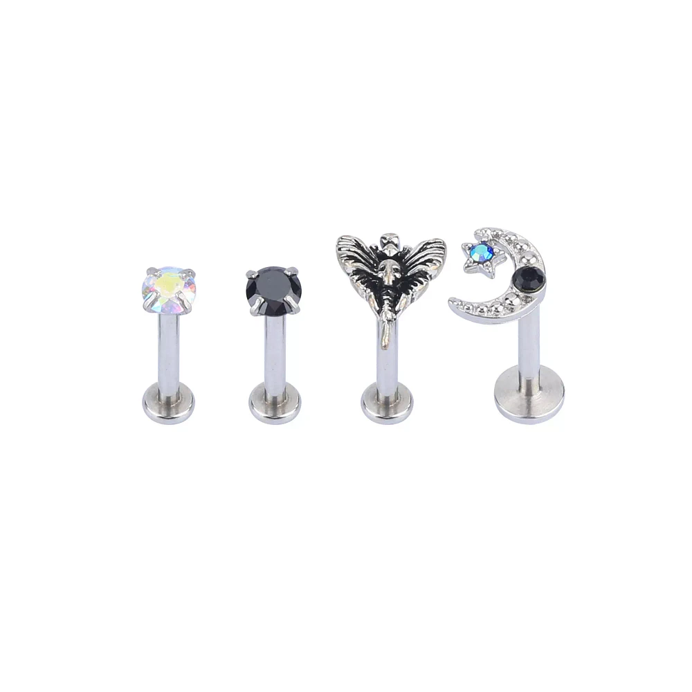 Multi-Pack CZ Moth Moon and Star Labret Lip Rings 4 Pack - 16 Gauge