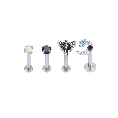 Multi-Pack CZ Moth Moon and Star Labret Lip Rings 4 Pack - 16 Gauge