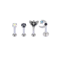 Multi-Pack CZ Moth Moon and Star Labret Lip Rings 4 Pack - 16 Gauge