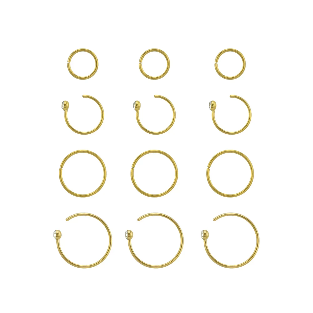 Multi-Pack CZ Goldtone Hoop Nose Rings 12 Pack - 20 Gauge