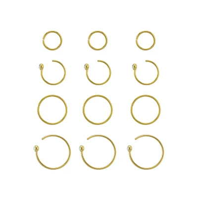 Multi-Pack CZ Goldtone Hoop Nose Rings 12 Pack - 20 Gauge