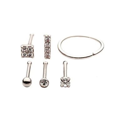 Multi-Pack CZ Silvertone Square Bone Nose Rings and Hoop Nose Ring 6 Pack - 20 Gauge