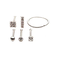 Multi-Pack CZ Silvertone Square Bone Nose Rings and Hoop Nose Ring 6 Pack - 20 Gauge