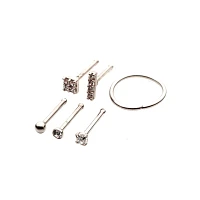 Multi-Pack CZ Silvertone Square Bone Nose Rings and Hoop Nose Ring 6 Pack - 20 Gauge
