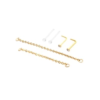 Multi-Pack CZ Goldplated L-Bend Nose Rings and Chains 2 Pair - 18 Gauge