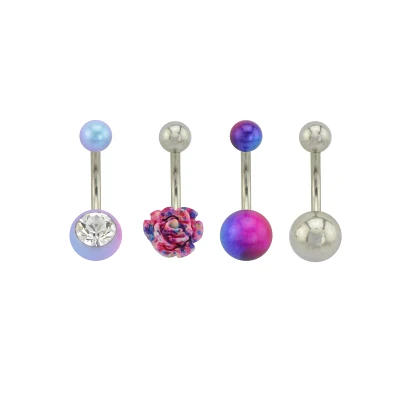 Multi-Pack CZ Rose Blue and Purple Belly Rings 4 Pack - 14 Gauge