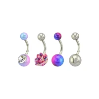 Multi-Pack CZ Rose Blue and Purple Belly Rings 4 Pack - 14 Gauge