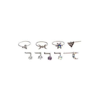 Multi-Pack CZ Moon and Star Hoops L-Bend Nose Rings 9 Pack - 20 Gauge
