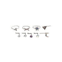 Multi-Pack CZ Moon and Star Hoops L-Bend Nose Rings 9 Pack - 20 Gauge