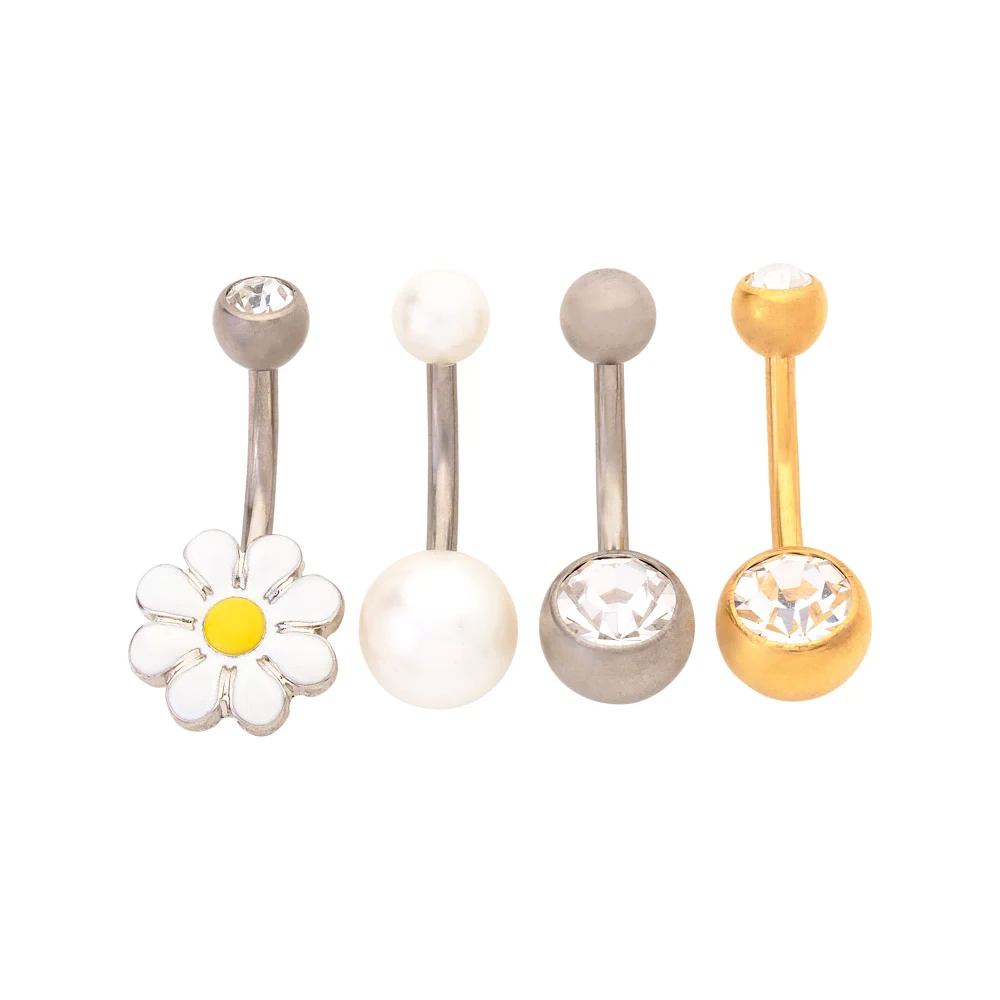 Multi-Pack CZ Daisy Belly Rings 4 Pack - 14 Gauge