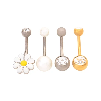 Multi-Pack CZ Daisy Belly Rings 4 Pack - 14 Gauge