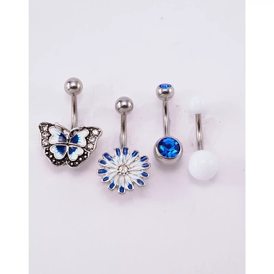Multi-Pack Blue CZ Butterfly and Flower Belly Rings 4 Pack - 14 Gauge