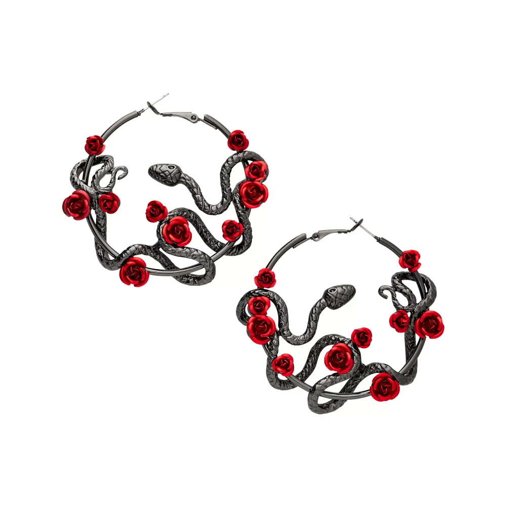 Black Snake and Rose Hoop Earrings