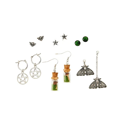 Multi-Pack Pentagram Moth and Jar Stud and Dangle Earrings - 6 Pair