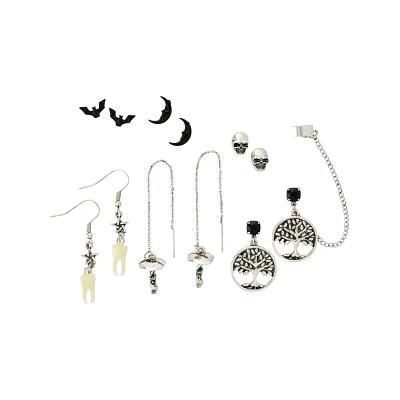 Multi-Pack Black Bat Moon and Skull Earrings - 6 Pair