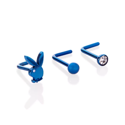 Multi-Pack Round CZ Blue Playboy L-Bend Nose Rings 3 Pack - 20 Gauge