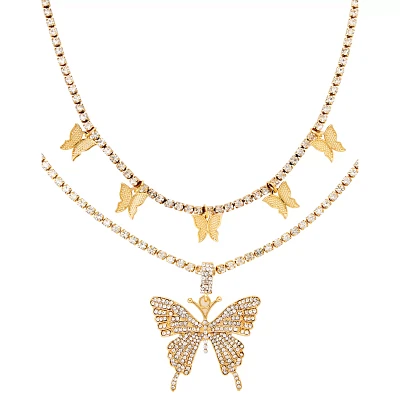 CZ Butterfly Double Chain Necklace