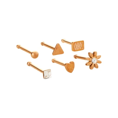 Multi-Pack CZ Rose Goldtone Flower Heart Triangle Bone Nose Rings 6 Pack - 20 Gauge