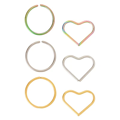 Multi-Pack Round and Heart Hoop Nose Rings 6 Pack - 20 Gauge