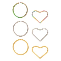 Multi-Pack Round and Heart Hoop Nose Rings 6 Pack - 20 Gauge