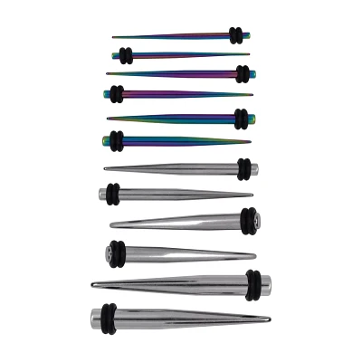 Multi-Pack Anodized Silver and Rainbow Tapers 6 Pairs - 4 - 14 Gauge