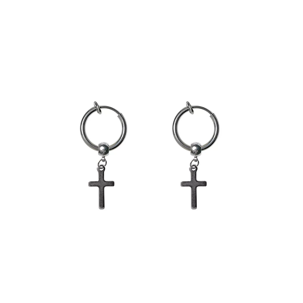 Silvertone Cross Dangle Fake Hoop Earrings