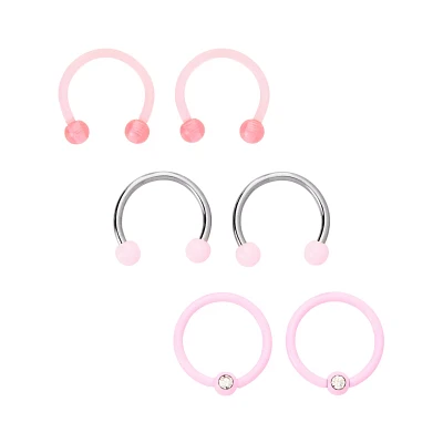 Multi-Pack CZ Pink and White Horseshoe Rings Captive 3 Pair - 16 Gauge