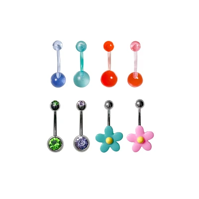 Multi-Pack CZ Multi-Color Flower Belly Rings 8 Pack - 14 Gauge