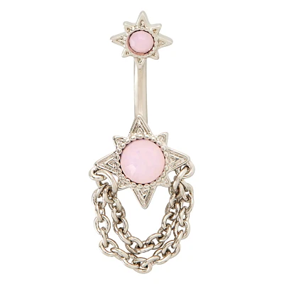 CZ Pink Chain Dangle Belly Ring - 14 Gauge