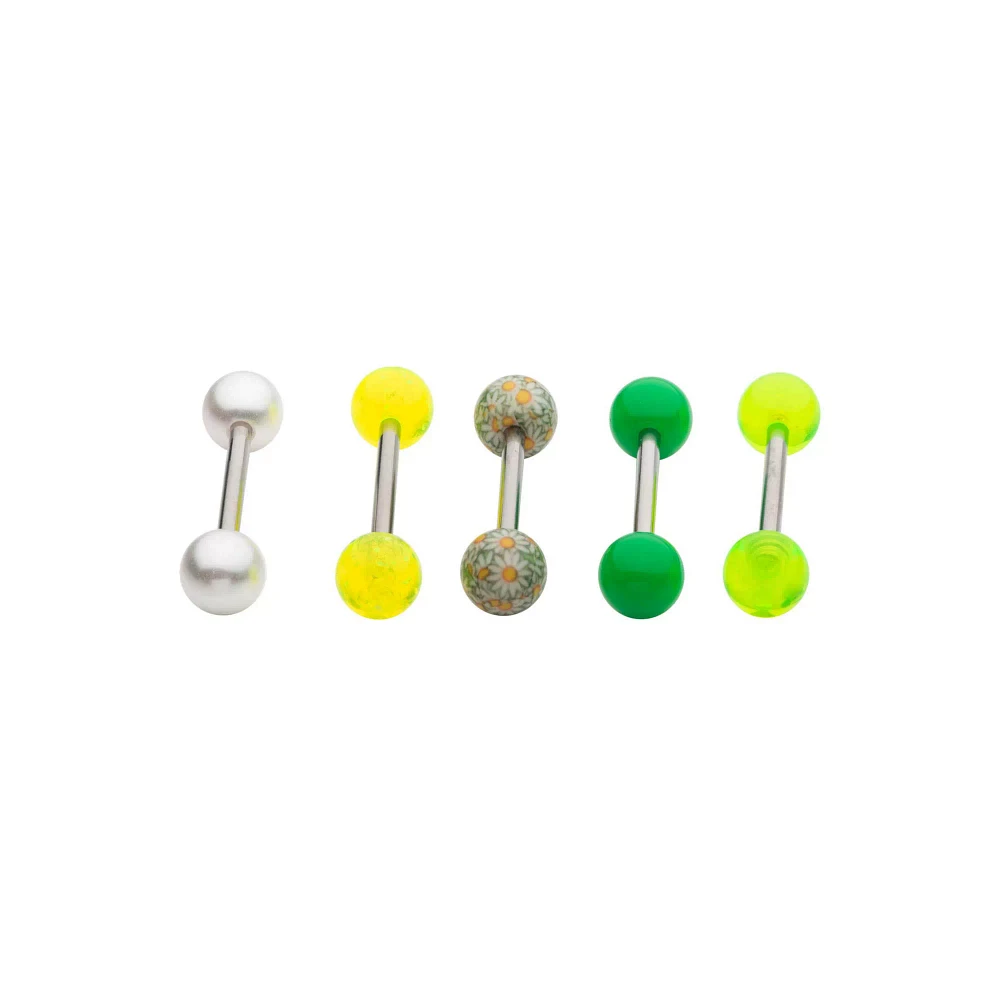 Multi-Pack Green and Yellow Flower Barbells 5 Pack - 14 Gauge