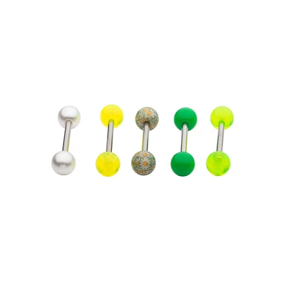Multi-Pack Green and Yellow Flower Barbells 5 Pack - 14 Gauge