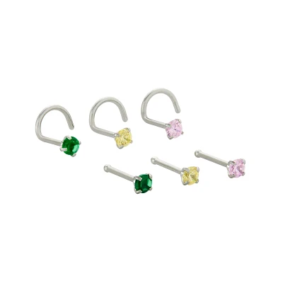Multi-Pack CZ Crystal Hoop Nose Rings and Nose Ring Pins 6 Pack - 20 Gauge
