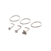 Multi-Pack CZ Cluster L-Bend and Hoop Nose Rings 6 Pack - 20 Gauge