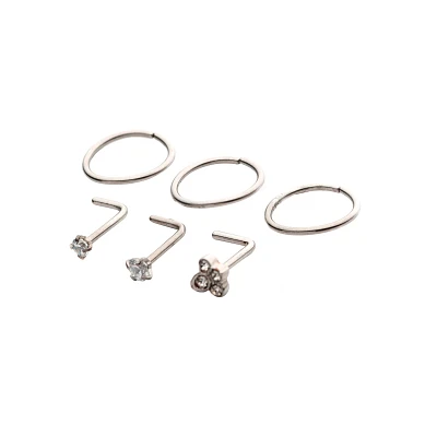 Multi-Pack CZ Cluster L-Bend and Hoop Nose Rings 6 Pack - 20 Gauge
