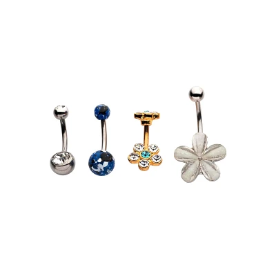 Multi-Pack CZ Flower and Splatter Belly Rings 4 Pack - 14 Gauge