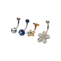Multi-Pack CZ Flower and Splatter Belly Rings 4 Pack - 14 Gauge