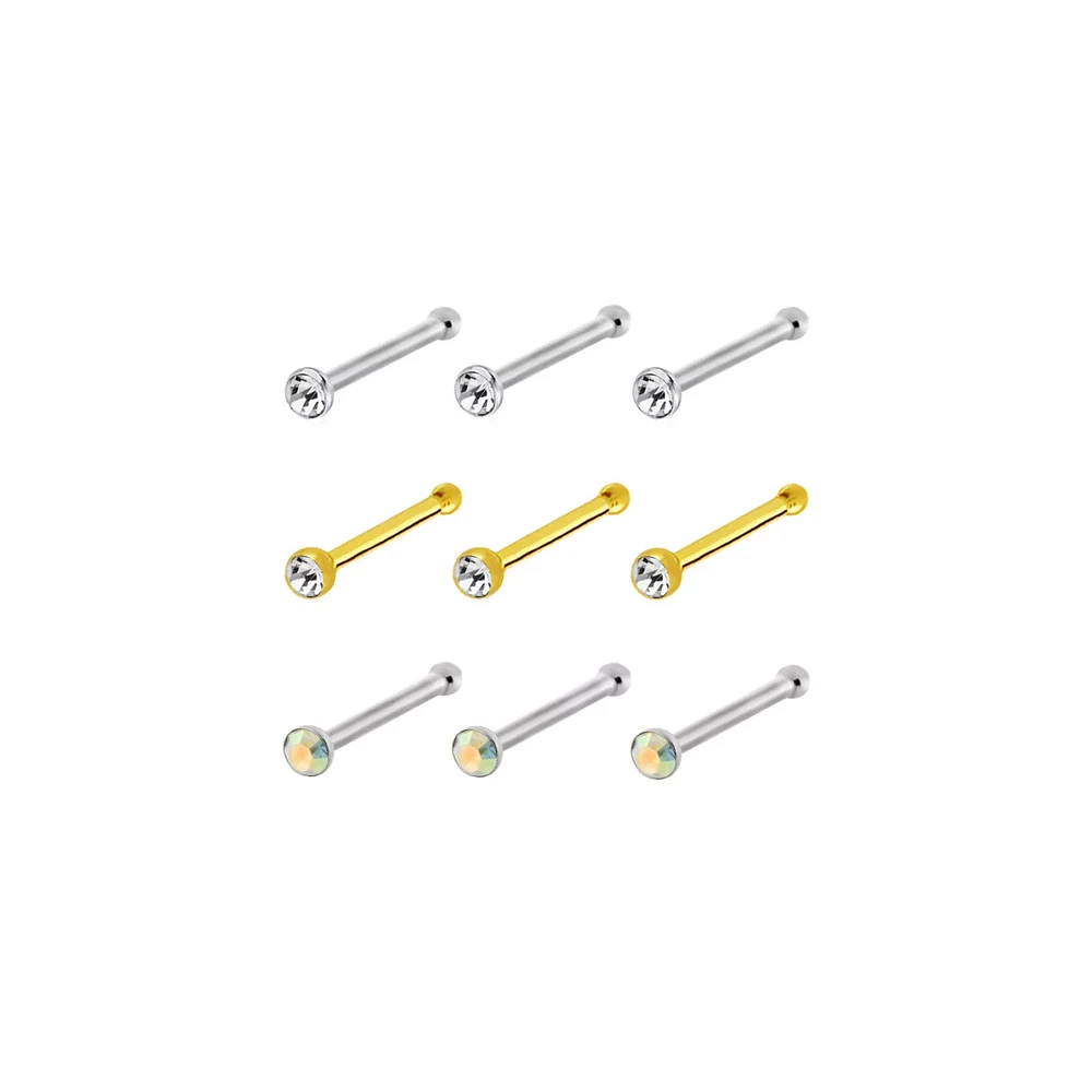Multi-Pack CZ Goldtone and Silvertone Bone Nose Rings 9 Pack - 20 Gauge