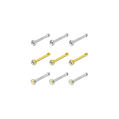 Multi-Pack CZ Goldtone and Silvertone Bone Nose Rings 9 Pack - 20 Gauge