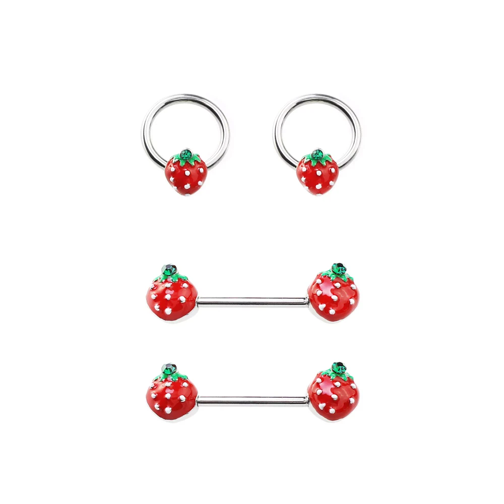 Multi-Pack Strawberry Captive Rings and Nipple Barbells 2 Pair - 14 Gauge