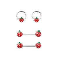 Multi-Pack Strawberry Captive Rings and Nipple Barbells 2 Pair - 14 Gauge