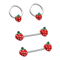 Multi-Pack Strawberry Captive Rings and Nipple Barbells 2 Pair - 14 Gauge