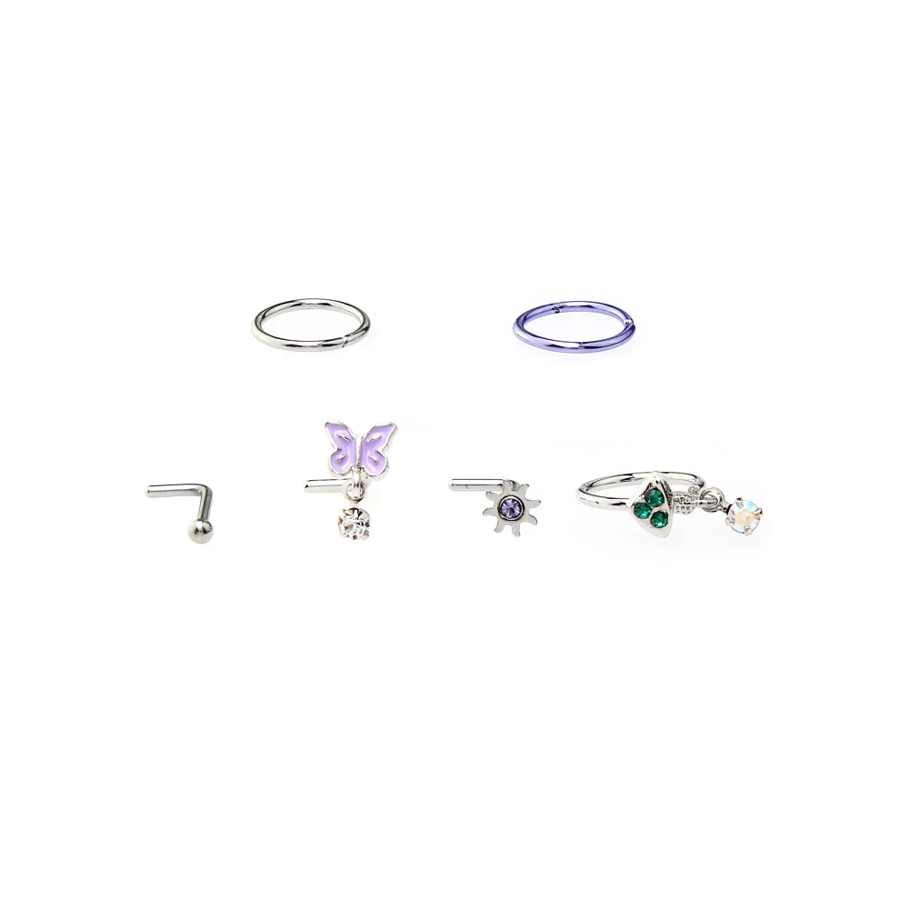 Multi-Pack Butterfly & Mushroom L-Bend Nose Rings and Hoop 6 Pack - 18 Gauge