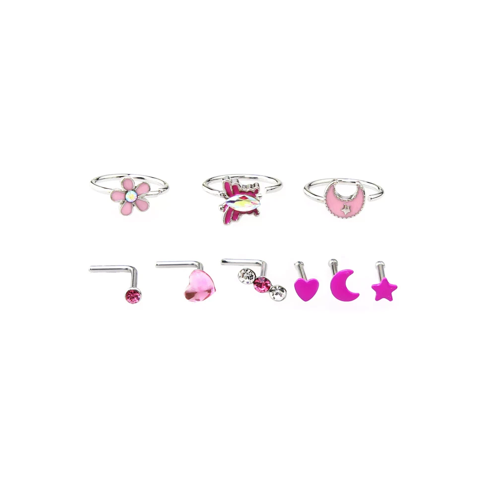 Multi-Pack Pink Spring Hoop Nose Rings L-Bend and Pin 9 Pack - 20 Gauge