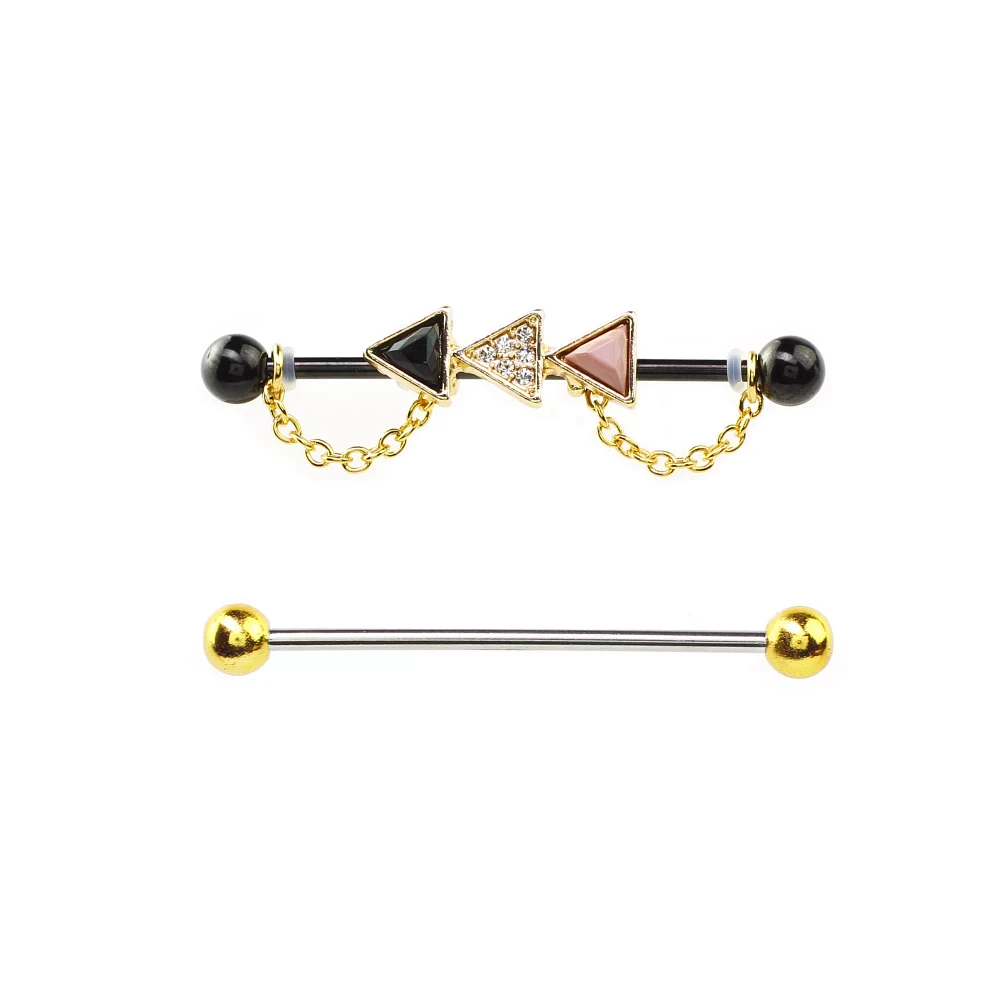 Multi-Pack CZ Black and Goldtone Triangle Chain Industrial Barbells 2 Pack - 14 Gauge